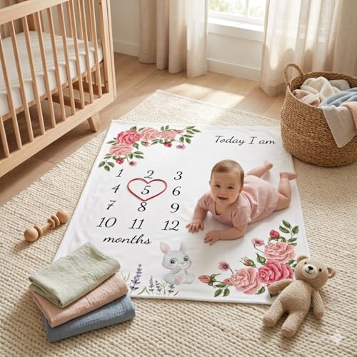 Image of vmaisi Baby Milestone Blanket Gifts for Girl - Newborn Monthly Year Infant Growth Blankets Nursery Swaddling Blankets (Flowers, Single Printed)