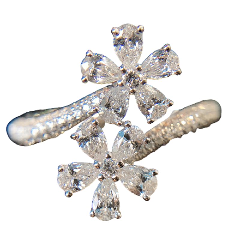 Emsione Double Flowers White Zircon Open Fashion Ring Adjustable Eternity Ring Luxury Jewelry Wedding Engagement Party Decor for Bride Women Men