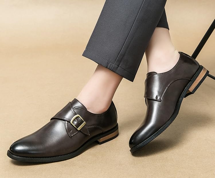 Men's Business Casual Dress Oxford Shoes,Comfort Slip on Dress Loafers Monk Strap,Vintage Fashion Pointed Toe Buckle Chunky Formal Leather Shoes3