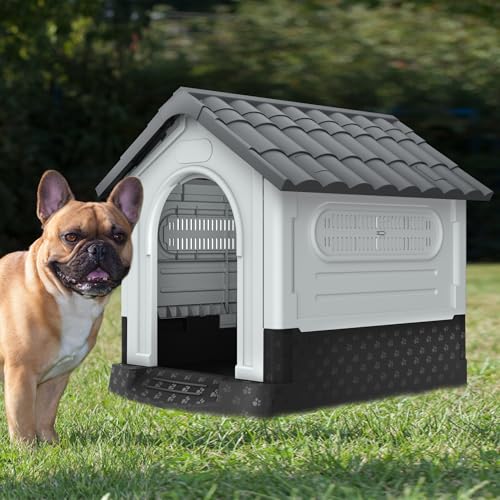 UISEBRT Hundehütte aus Kunststoff, isoliertes Hundehaus mit Schiebedach, Oberlicht und erhöhtem Boden, Hundezwinger Hundekäfig Haustierhaus für Drinnen und Draußen, 79,5 x 70,5 x 78 cm