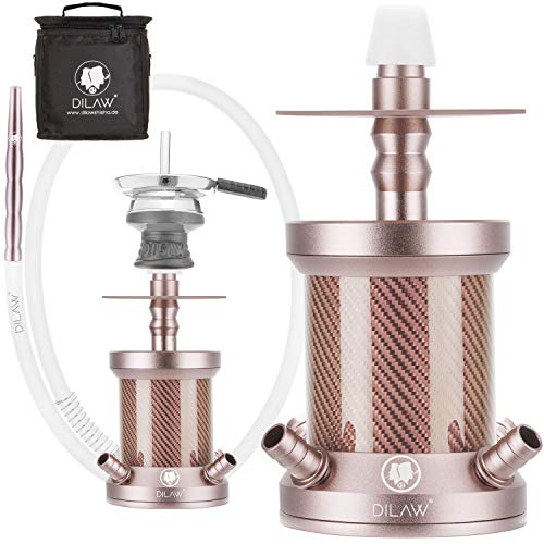 DILAW® Turtle X Carbon Shisha Aluminium 22cm Hookah to Go ?4 Anschlüsse mit Tasche | Wasserpfeife | Edelstahl Kaminkopf | Komplettset | Tauchrohr mit Diffusor Silikonschlauch Alumundstück Rosé Gold thumbnail