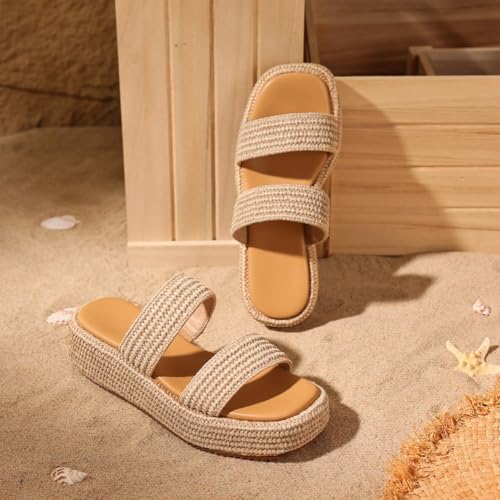 Image of Erocalli Platform Sandals Women Cute Wedge Espadrilles Slip on Summer Beach Raffia Vacation Sandal Comfortable Open Toe Dressy Shoes