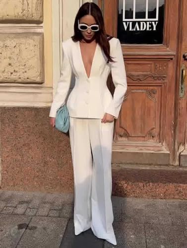 Women's Two Pieces Suit Single Breasted Button Jacket and Long Pants for Work Office Collarless Tuxedos4