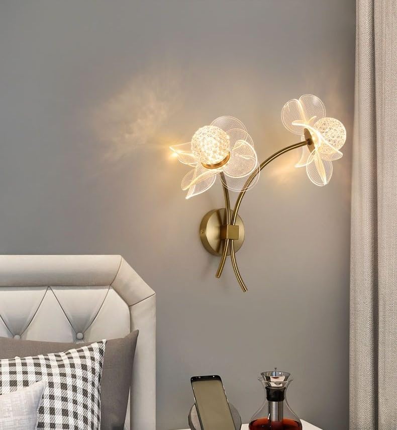 Image of Modern Gold Flower Wall Light with 3-Color LED | Minimalist Metal & Acrylic Wall Lamp for Living Room & Bedroom | Wall Mount Decorative Light Fixture for Home Decoration & Office