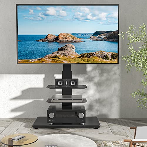 Rfiver Swivel Floor Tv Stand With Mount, Wood Base And 2 Flexible Media Shelves For 40 43 49 50 55 60 65 70 75 77 Inch Flat Screens/Curved Tvs, Height Adjustable Corner Tv Stand For Bedroom And Office #TOP1