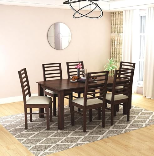 Image of Solid Sheesham Wood Dining Table Set with Chairs | Brown Modern Decorative Dining Set for Home /Office /Dining Room /Hotels | Comfortable Seating, Walnut 6 Seater
