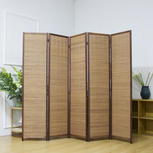 5 Panel Room Divider Screen,5.6 FT Tall Bamboo Room Divider Folding Privacy Screen,Freestanding Room Divider for Room Seperation,Brown