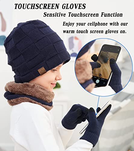 Image of KMOLY Kids Winter Beanie Hat Scarf Touchscreen Gloves Set for Boys Girls 4-15 Years Warm Skull Cap Fleece Lined Knitted Hat