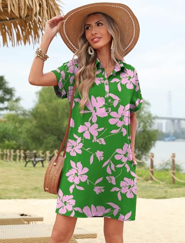Image of HOTOUCH Womens Summer Shirt Dress 2026 Short Sleeve Floral Shift Dress Casual Loose Flowy Beach Sundress with Pockets