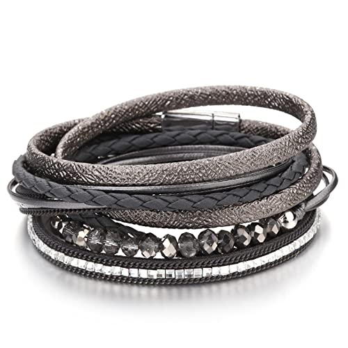 Bracelet tressé en cuir et cristal gris foncé fait main pour femme