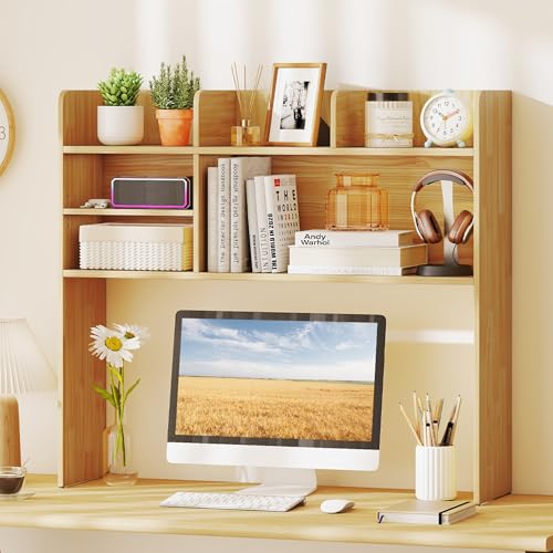 Image of Tangkula Desktop Bookshelf for Computer Up to 32 inch, 37 inch Countertop Storage Hutch with 6 Storage Shelves, 3-Tier Desktop Organizer Display Rack, Wooden Desk Hutch for Dorm Home Office (Burlywood)