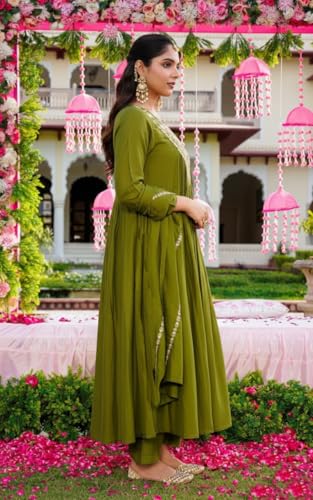 Image of Nermosa Women Embroidery Solid Anarkali Kurta and Pant Set with Dupatta