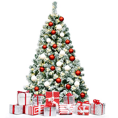 Happygrill 4.5Ft Pre-Lit Artificial Hinged Christmas Pine Tree Snow Flocked Christmas Tree With Solid Metal Stand Flexible Branches Traditional Festival Decoration Tree #TOP9