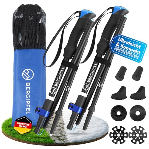 Bergipfel Teleskop-Wanderstöcke|Ultraleicht 270g|faltbar auf 37cm|verstellbar 115–130cm|Walkingstöcke aus Flugzeugaluminium|mit All-Terrain-Zubehör und Tasche|für Damen, Herren, Jugendliche