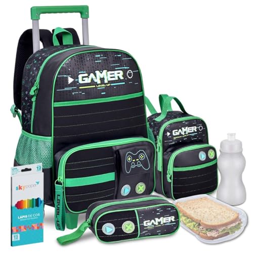 Kit Mochila Escolar Gamer Lancheira Estojo Rodinha Carrinho Resistente