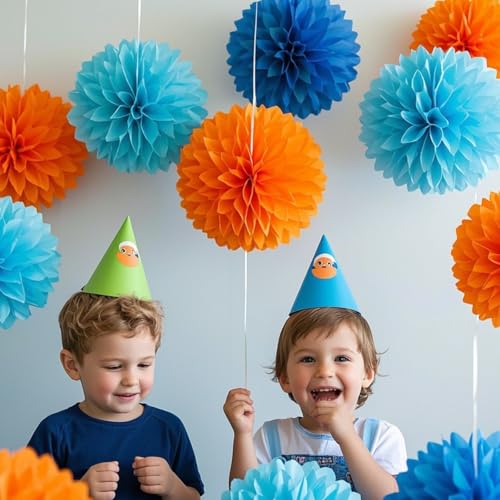 Image of We Moment Paper Pom Poms - Orange & Blue Light Decorations for Wedding, Birthday & Party - 12pcs, 4 Colors, 12 & 10 Inch