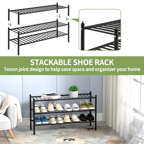 3-Tier Bamboo Long Shoe Rack, Free Standing Wood Shoe Shelf Storage Organizer for Closet Entryway Stackable 35"x11"x20" (Black)