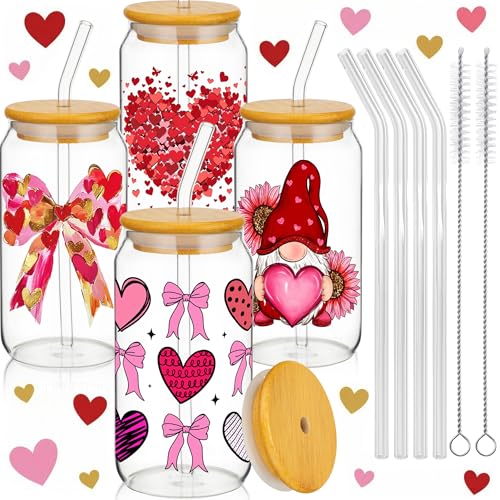 Cunhill 4 Pcs Coquette Pink Bow Glasses Cups with Lid and Straw 16 oz Heart Drinking Glasses Employee Appreciation Gifts Pink Iced Coffee Cup Can Shape Mug Tumbler for Women Men Birthday Party Favor