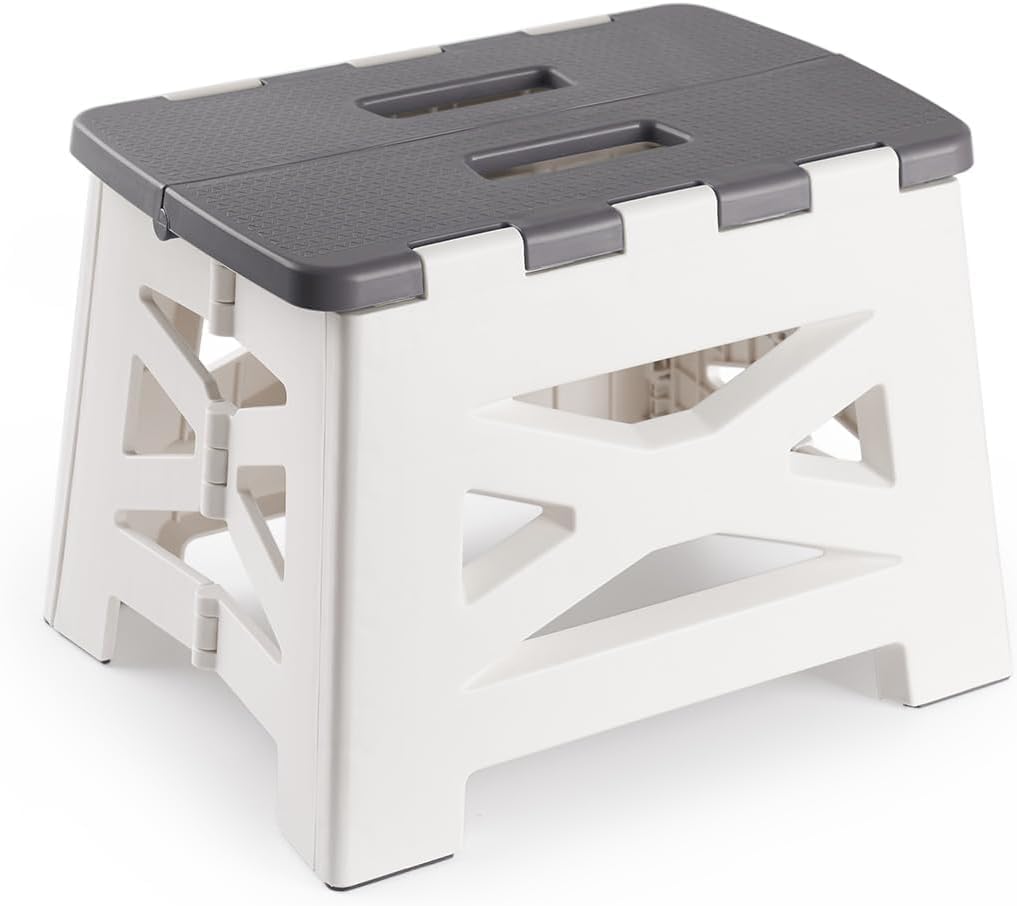 JCAKES Non-Slip Folding Step Stools with Handle，Foot Stool with 9 Inch Height - Holds Up to 200 lbs - Lightweight Plastic Foldable Step Stool for Adults and Kids, Kitchen, Bathroom(Grey) - (PCS 1)