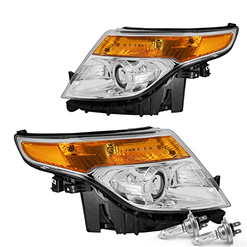 JSBOYAT Projector Headlight Assembly with Bulbs Replacement for 2011-2015 Ford Explorer Driver & Passenger Side (Chrome Housing & Amber Reflector)