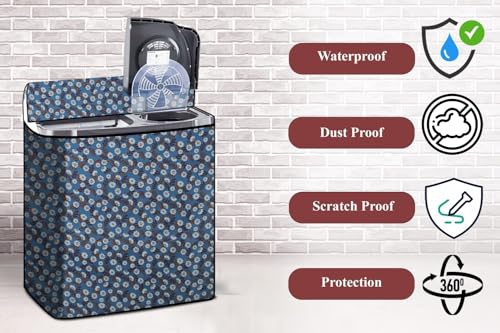 Image of The Furnishing Tree Semi-Automatic Top Load Washing Machine Cover | Waterproof & Dustproof | Easy to Clean | Durable & Washable, Floral Blueish Grey Polyester (51x84x96.5 CM)