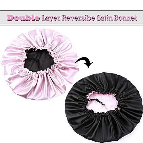 Image of Extra Large Adjustable Double Layer Satin Hair Bonnets with Drawstring for Women Night Sleeping Long Silky Satin