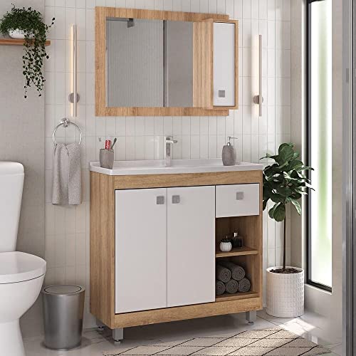 Gabinete Banheiro com Cuba e Espelheira 80cm Multimóveis Cr10059 Castanho Argel/branco