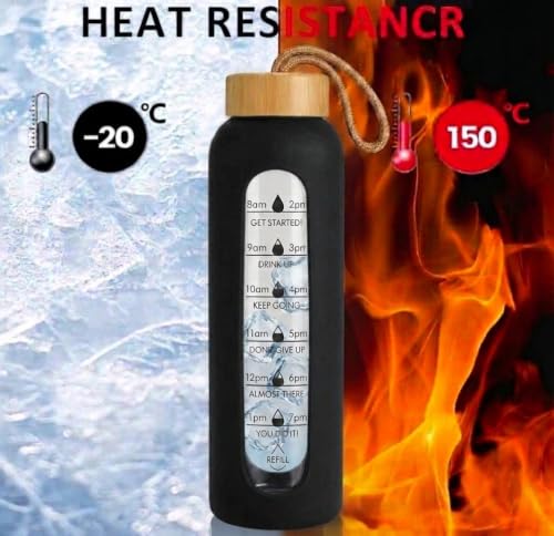 Image of Glass Water Bottle 1 Ltr with Protective Silicone Cover Borosilicate Glass Airtight, Leak-Proof Bamboo Lid,BPA-Free, Eco-Friendly,Reusable for Gym /Travel /Office /Home |Time Marker, Motivational (BLACK)