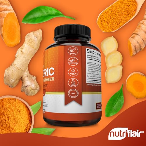 Nutriflair TUM2180 Turmeric Curcumin With Ginger And Bioperine Black Pepper Supplements, 180 Capsules - 95% Curcuminoids - Joint Support, Antioxidant thumb #3