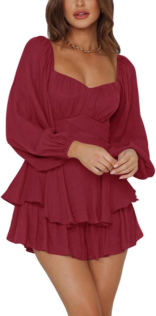 LYANER Women's Jumpsuit Lantern Long Sleeve Ruffle Layer Tie Mini Short Romper - Image 5