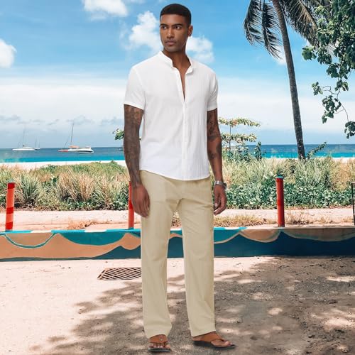 Durio Mens Casual Linen Pants Elastic Waist Lightweight Linen Beach Pants Straight Leg Casual Pants Summer Beach Yoga4