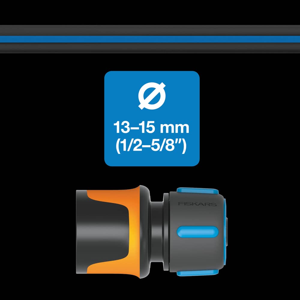 Fiskars Manguera de riego XL, Protegido contra los rayos UV, Probado a presión, Nivel de rigidez a la torsión 4 (sobre 5), 50 m, Ø 1,3 cm (1/2''), 7 kg, Negro/Naranja/Azul, 1027106