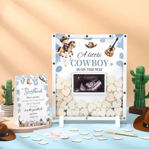 Image of Beeveer 65 Pcs Cowboy Baby Shower Guest Book Alternatives a Little Cowboy is on The Way Decorations Western Baby Shower Party Supplies Sign in Guest Book with Picture Frame and 60 Wooden Chip