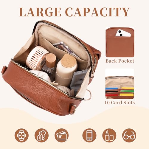 Small Crossbody Bags for Women, Vegan Leather Messenger Bag Anti-theif, 10 Card Slots Cell Phone Purse with Crossbody Strap, Triple Compartments Brown Shoulder Bag for Travel Shopping Dating4