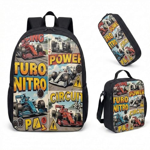 Mochila vintage Racing Turbo Nitro de 43 cm, conjunto de 3 peças, bandeira estilo Grand Prix, bolsa estética para laptop, 01, Large, Impressão digital 3D casual