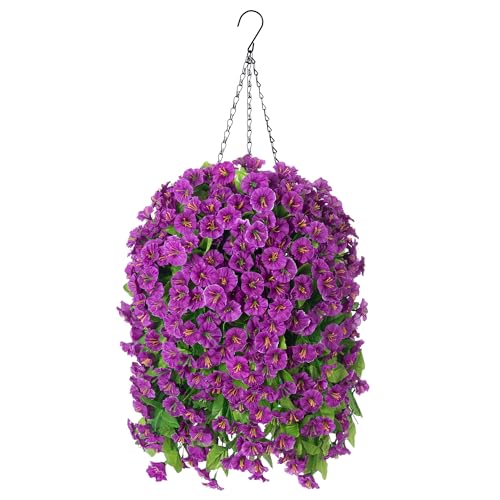 Image of Ammyoo Artificial Faux Hanging Flowers Basket for Spring Outdoor Decor | Fake Silk Colorful Morning Glory Eucalyptus in Planter UV Resistant Look Real for Summer Home Balcony Porch Yard(Darkorchid)