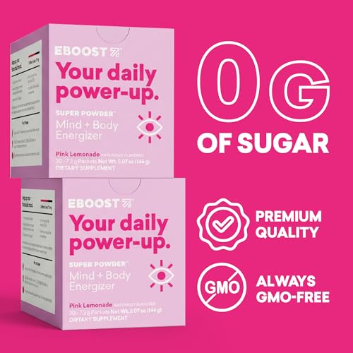 Image of EBOOST Super Powder Drink Mix - Pink Lemonade 0.2 oz 20 Pack Hydration Energizer Electrolytes Powder - 13 Vitamins & Minerals - 110 mg Caffeine - 0 Added Sugar - No Artificial Flavors or Sweeteners