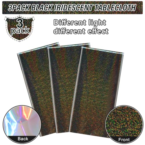 Image of 3 Pack Iridescent Black Plastic Tablecloths, Shiny Disposable Laser Rectangle Table Covers, Holographic Foil Tablecloth for Halloween Birthday Space Graduation Black Themed Party, 54x108Inch