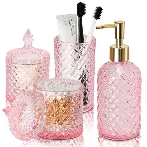 RYTOXILO Pink Bathroom Accessories Set 4 Pack Pink Bathroom Decor Accessory Sets Complete Diamond Glass Soap Dispenser and Toothbrush Holder Set for Bath Counter Organizer Essentials