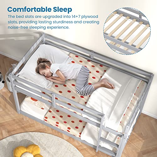 Komfott Low Bunk Bed Twin Over Twin, Solid Wood Bunk Bed Frame With Built-In Ladder & Safety Guardrails, Space-Saving Low Bunk Bed For Kids, Teens, No Box Spring Needed (Gray) #TOP4