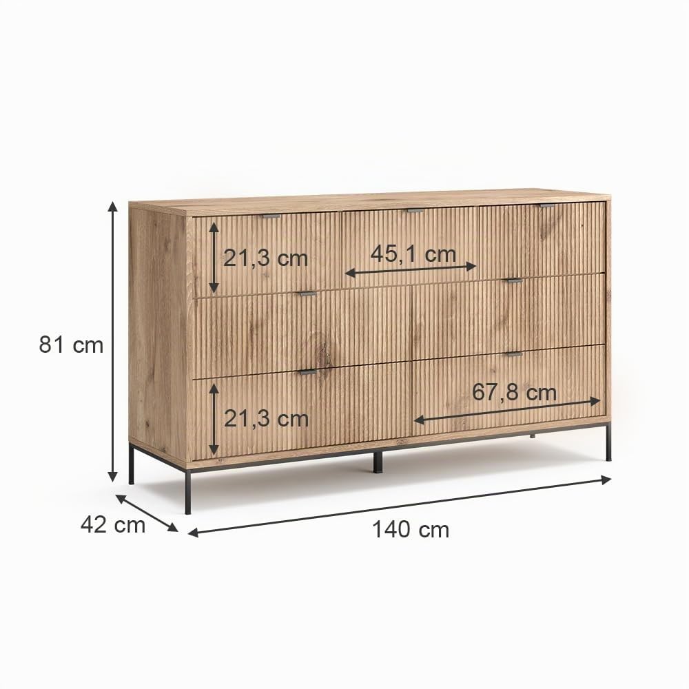 Vicco Aparador Eliza, Roble Vikingo, 42 x 81 cm | con 7 cajones, para guardar ropa y artículos del hogar