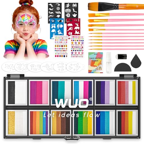 WUO Professional Face Painting Kit for Kids Adults, 12x10g Split Cake Palette with Stencils Sponge,...