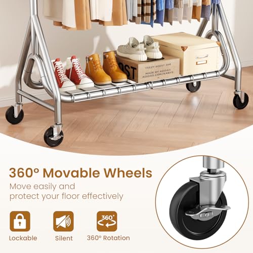 Image of Double Rods Clothing Rack, Heavy Duty Clothes Rack for Hanging Clothes Load 560LBS, Metal Rolling Garment Racks with Wheels, Freestanding Clothes Hanging Racks, Silver