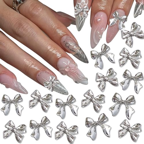 YAEISM 50PCS 3D Silver Nail Charms with 2 Styles of Alloy Ribbon Bowknot Design for Nail Art and DIY Crafts Decoration