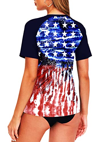Stars And Stripes Swim Shirt Women Short Sleeve Rash Guard Swimsuit Patriotic Swimwear Top M #TOP6