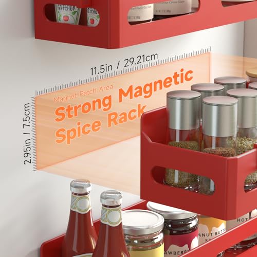 Image of Sevenblue 4-Pack Magnetic Spice Rack for Refrigerator with Hooks, Red