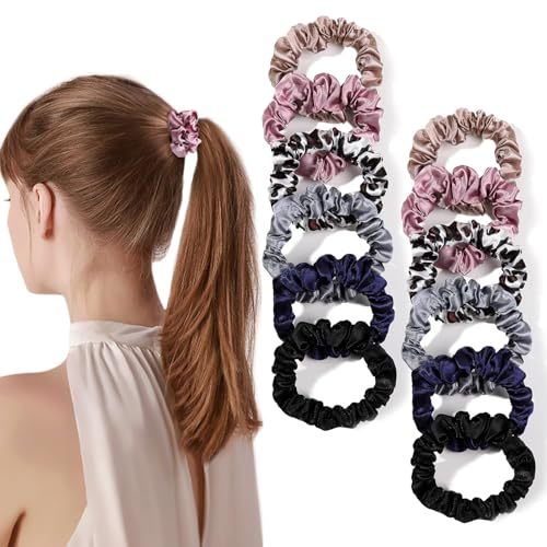 Image of Silk Hair Ties Satin Scrunchies - Small Mini Scrunchy for Women Thick Hair Accessories Cute Soft No Slip Hair Elastics Ponytail Holder for Curly Hair No Damage Hairties Gift for Girls