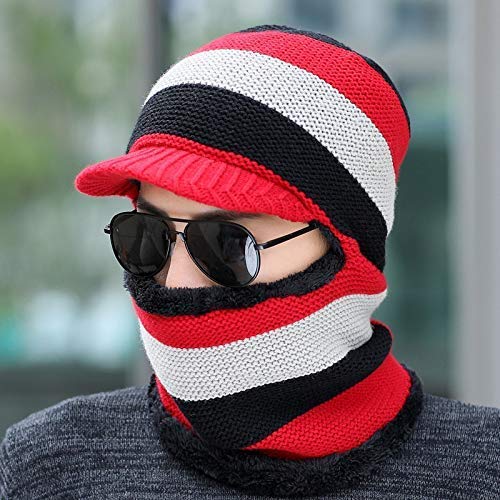 Bonnet hiver bleu marine tricoté avec cache-oreilles et écharpe intégrée pour homme