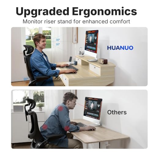 Image of HUANUO 48 x 24 Inch Electric Standing Desk with 4 Drawers, Natural | 4 Drawers For Organized Storage, Raised Monitor Shelf, C-Clamp Mount Support, 4 Memory Presets, 28.3-46.5 Inch Height Range