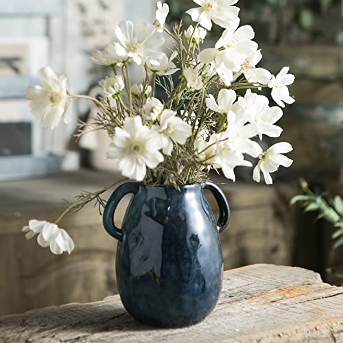 Tanvecle Blue Ceramic Vase With 2 Handles, Modern Farmhouse Vase For Home Decor, Rustic Terracotta Vase, Decorative Pottery Flower Vase, Clay Small Vase, Centerpieces For Dining Table - 7 Inch Tall #TOP7